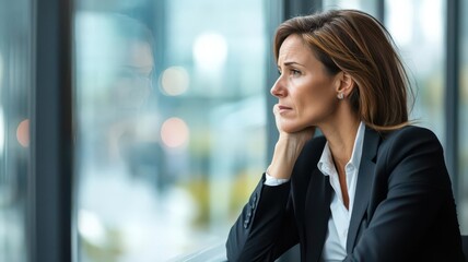 Fototapeta premium A businesswoman gazing out a window during a break, lost in thought and visibly tired