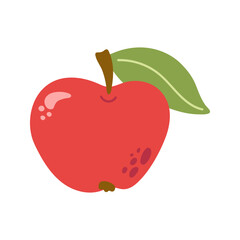 Fototapeta premium Summer juicy red apple with leaf. Hand drawn cartoon fruit illustration.