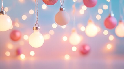Isolated warm white LED light shining brightly against a soft pastel background, decorated with colorful ornaments and garlands
