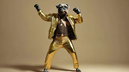 A dog with a human body wearing a gold jacket and pants poses in a dance stance.