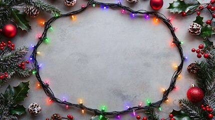 Multicolored LED string lights in random loops, isolated on a soft grey background, bordered by festive ornaments and holly berries