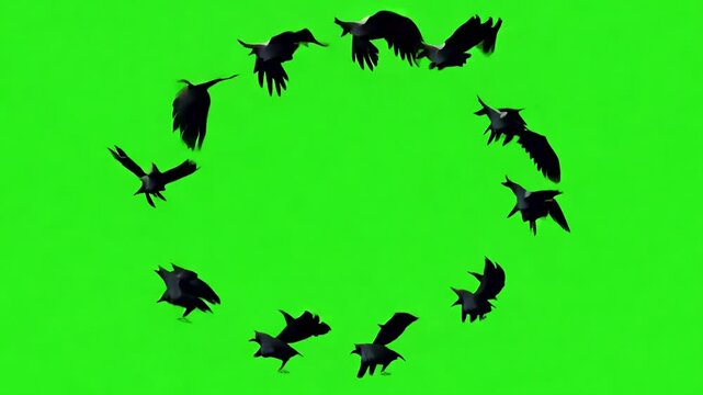 A flock of black crows flying in a circle against a green screen background.