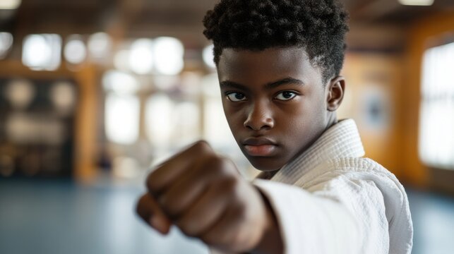focused young african american martial artist in training gi demonstrates confidence and discipline. exercising, active and healthy lifestyle, self-defense - Powered by Adobe