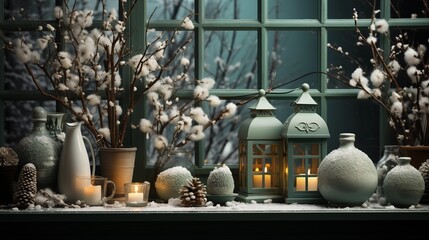 Winter holiday home decor with festive elements on a green background, perfect for seasonal celebrations.