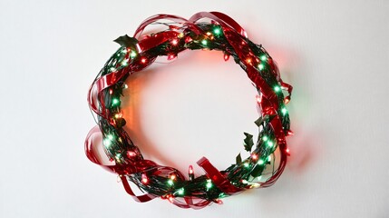 Red and green lights in a circular wreath shape, isolated on a white background, surrounded by mistletoe and ribbon decorations