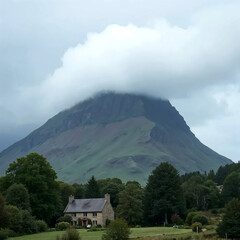 Stone Cottage Beneath Misty Mountain Peak