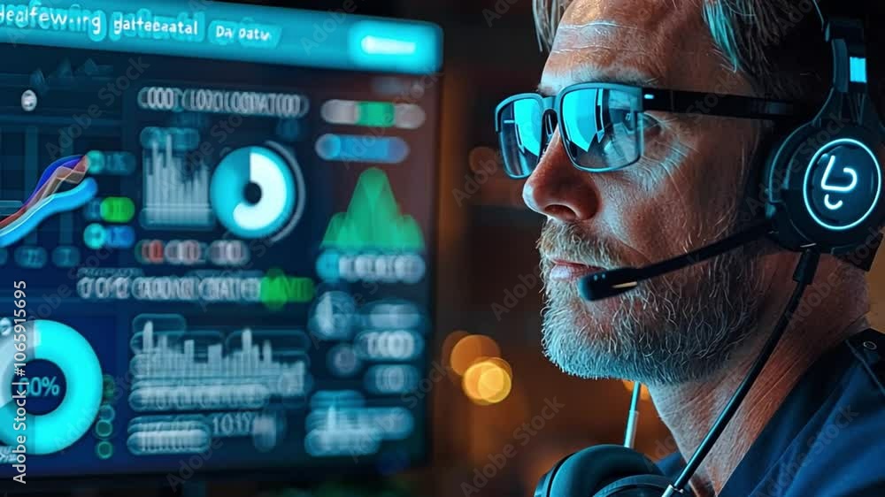 Poster in a dimly lit office, a dedicated professional wearing glasses and a headset concentrates on data d