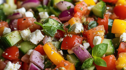 Background of fresh vegetables with herbs and feta cheese. Greek salad