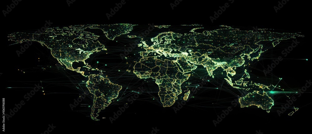 Poster a digital world map with glowing connections and data points, representing global networks.