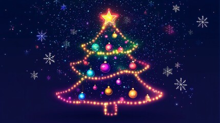 Sparkling multicolored lights shaped in a Christmas tree outline, isolated on dark background, with ornaments and snowflakes floating around