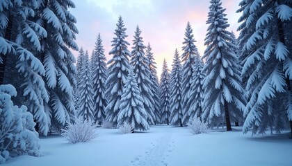 Naklejka premium Snow-covered forest background with a peaceful mood, tall pine trees blanketed in snow under a dusky sky 