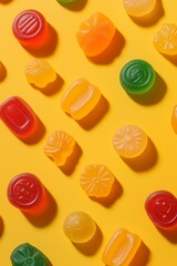 Obraz premium Colorful assorted gummy candies on bright yellow background
