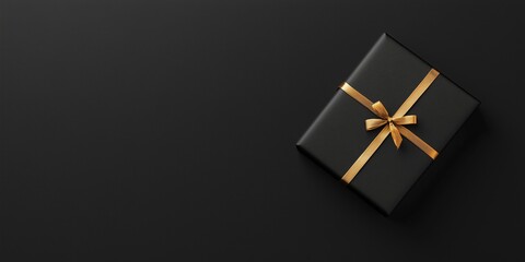 Black gift box with gold ribbon bow on dark background. Shopping day and celebration concept. Image for banner, sales promotion and advertisement with copy space.