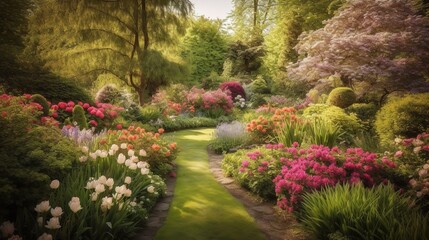 Obraz premium Lush Garden Pathway in Blooming Spring Landscape