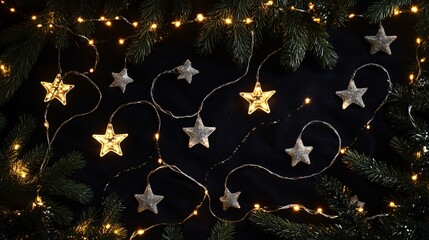 White LED lights in a looped pattern, isolated on black, with small gold and silver stars and pine sprigs around