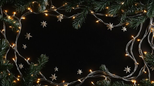 White LED lights in a looped pattern, isolated on black, with small gold and silver stars and pine sprigs around