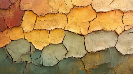 Obraz premium Cracked earth texture with warm hues of yellow, orange, and green showcasing natural erosion patterns in sunlight