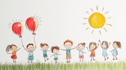 Fototapeta premium A cheerful drawing of children holding balloons under the sun, enjoying a playful day on a grassy field.