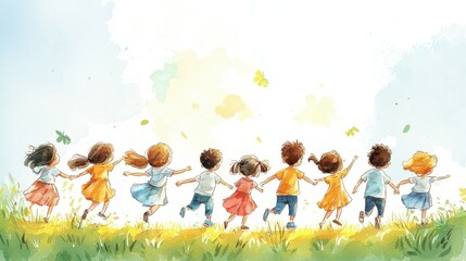 Fototapeta premium A colorful illustration of children joyfully running together in a grassy field, capturing the essence of childhood happiness and freedom.