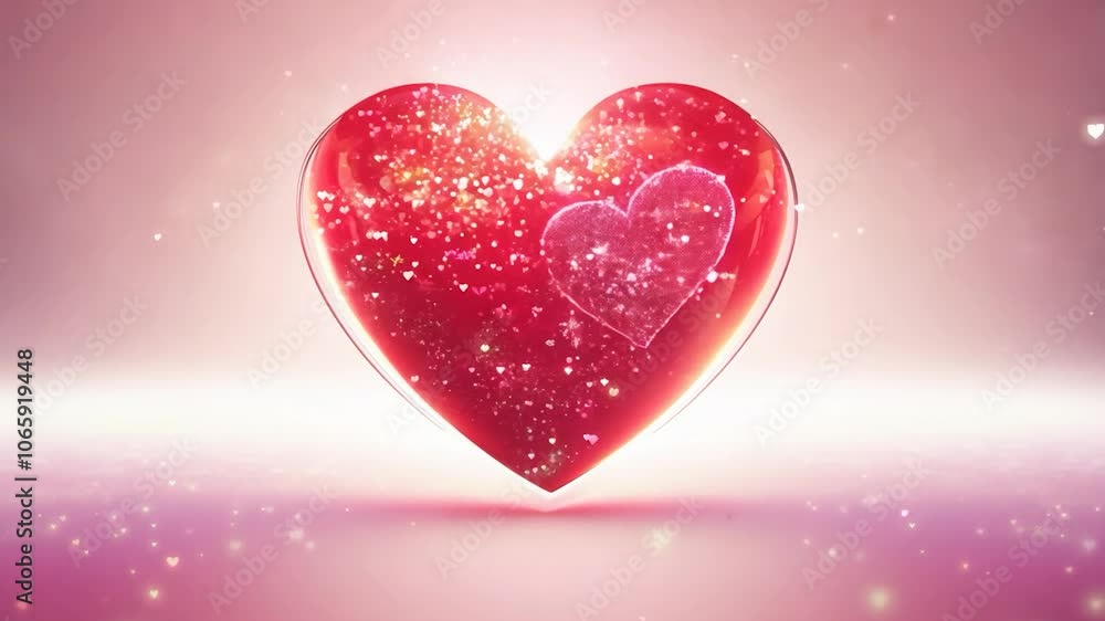Poster shiny red heart is progressively covered with bright sparkles while luminous particles and shapes ap