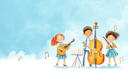 A cheerful illustration of children playing musical instruments against a light blue background, conveying joy and the love of music.