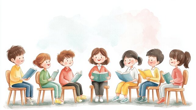 A cheerful group of children sitting in chairs, engaged in a reading activity led by an instructor.