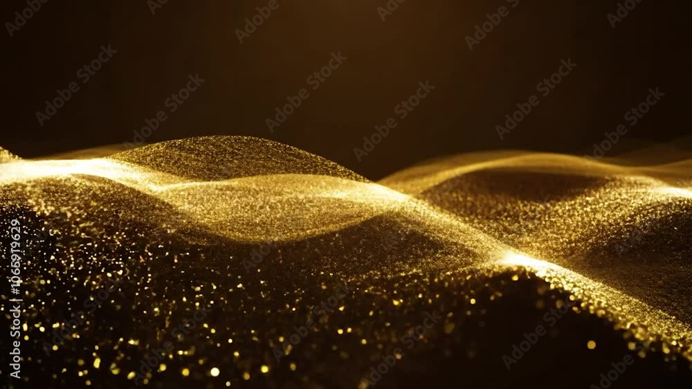 Poster abstract animation showcases golden particles flowing and creating elegant waves against a black bac