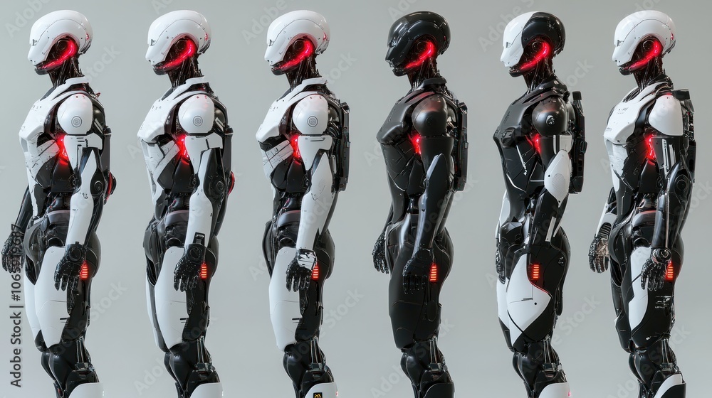 Poster a lineup of humanoid robots showcasing different designs and features.