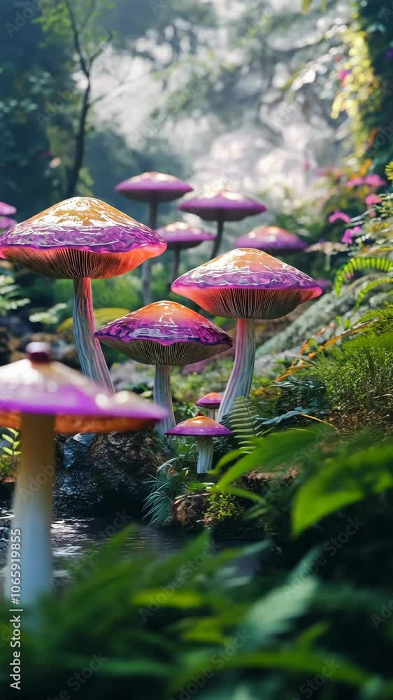 Poster exploring a vibrant forest filled with colorful mushrooms in a misty environment at dawn
