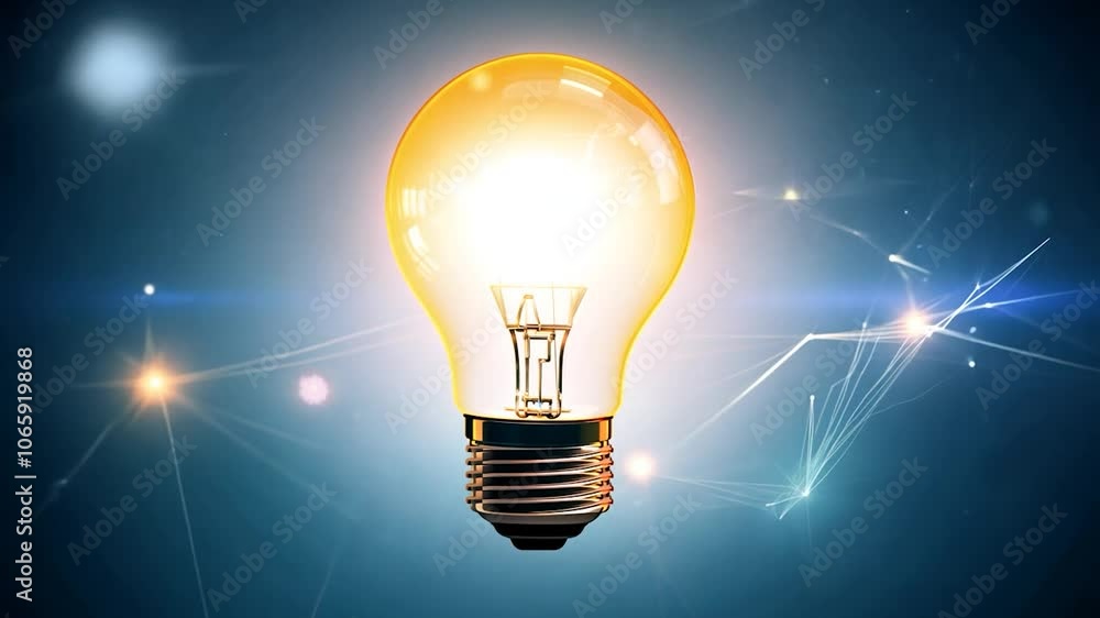 Poster classic light bulb is shining, with a network of connecting dots moving in the background. ideal for
