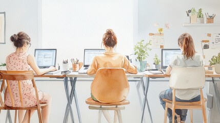 Obraz premium A bright, modern workspace with three individuals focused on their laptops, surrounded by plants and decor, suggesting collaboration or remote work.