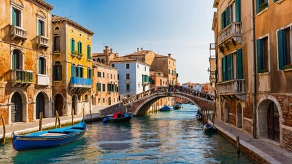 Vibrant Venetian Canal with Stone Bridge and Colorful Buildings