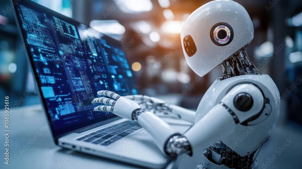 Aufkleber a robot interacts with a laptop, showcasing technology and artificial intelligence.