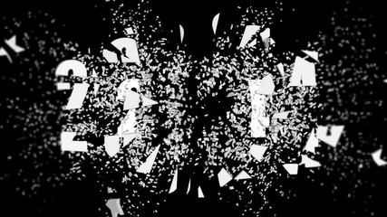 Text 2024 explodes and flies into small pieces in all directions on a black background, end of the year 2024