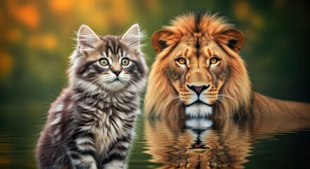 Obraz premium Lion and domestic cat