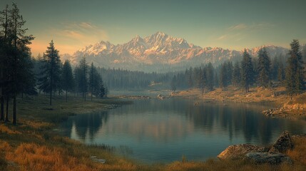 Fototapeta premium A tranquil mountain lake with a snow-capped mountain in the background.