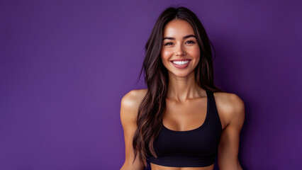 Naklejka premium pretty girl in activewear. confident young hispanic woman smiling in sportswear against purple background, poster with copy space. active lifestyle, healthy exercise routine, physical training