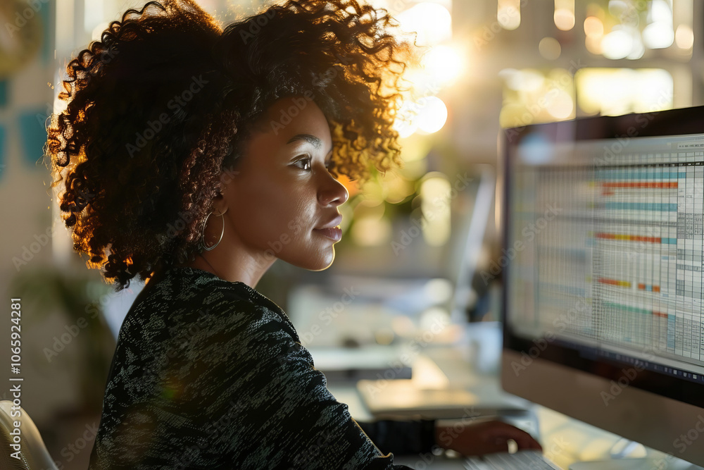 Poster african woman data analyst utilizing spreadsheet software on computer