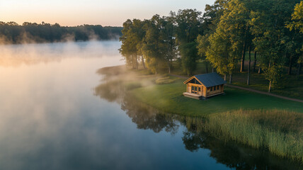 早朝の霧に隠れた北欧風サウナ小屋