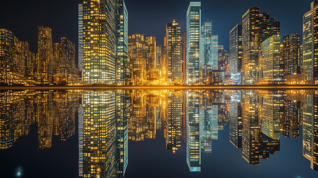 対称性が際立つ夜の高層ビル群