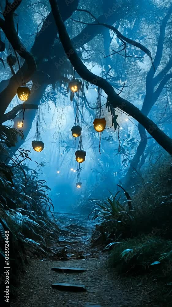 Poster magical forest path illuminated by lanterns under a mystical blue light at twilight
