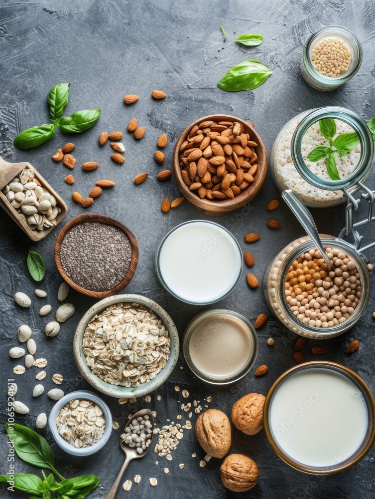 Poster variety of nuts and seeds are spread out on a countertop. there are several bowls containing differe