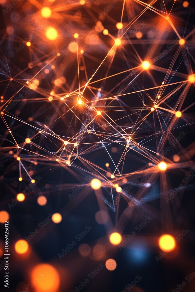 Poster network of glowing orange digital particles forming a pattern in the dark. intricate connection desi