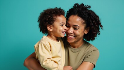 A charming depiction of an interracial family celebration on Mothers Day with a loving mom her multiracial children and heartwarming feelings against a cheerful teal backdrop