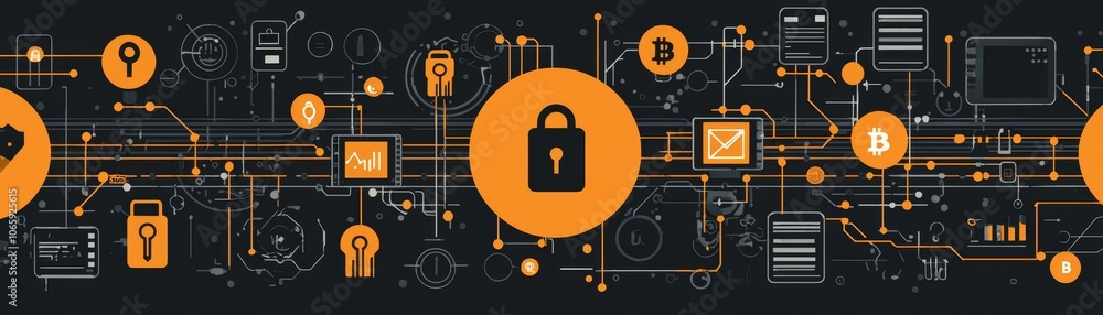 Poster the dynamic relationship between cybersecurity and digital assets in a flat design graphic represent