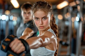 Fototapeta premium Gym Fitness Training: Female Power and Self-Defense through Fight Sparring