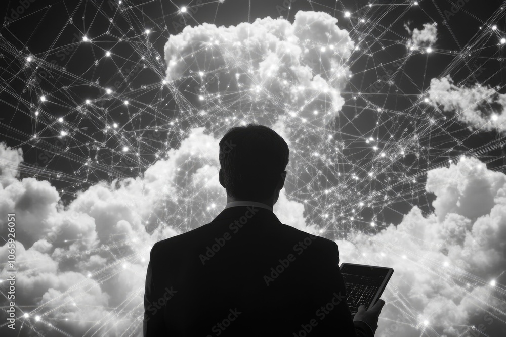 Poster businessman surrounded by clouds representing cloud computing and technology concept.