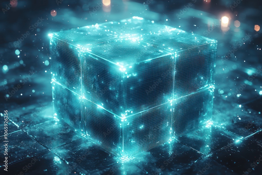 Poster Glowing Blue Cube with Grid Pattern and Bokeh Lights
