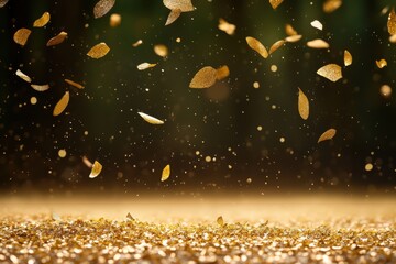 Sparkling golden glitter and confetti falling on a shimmering background