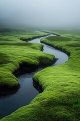 Vast Moss-Covered Landscape with a Gentle River Winding Through in Iceland